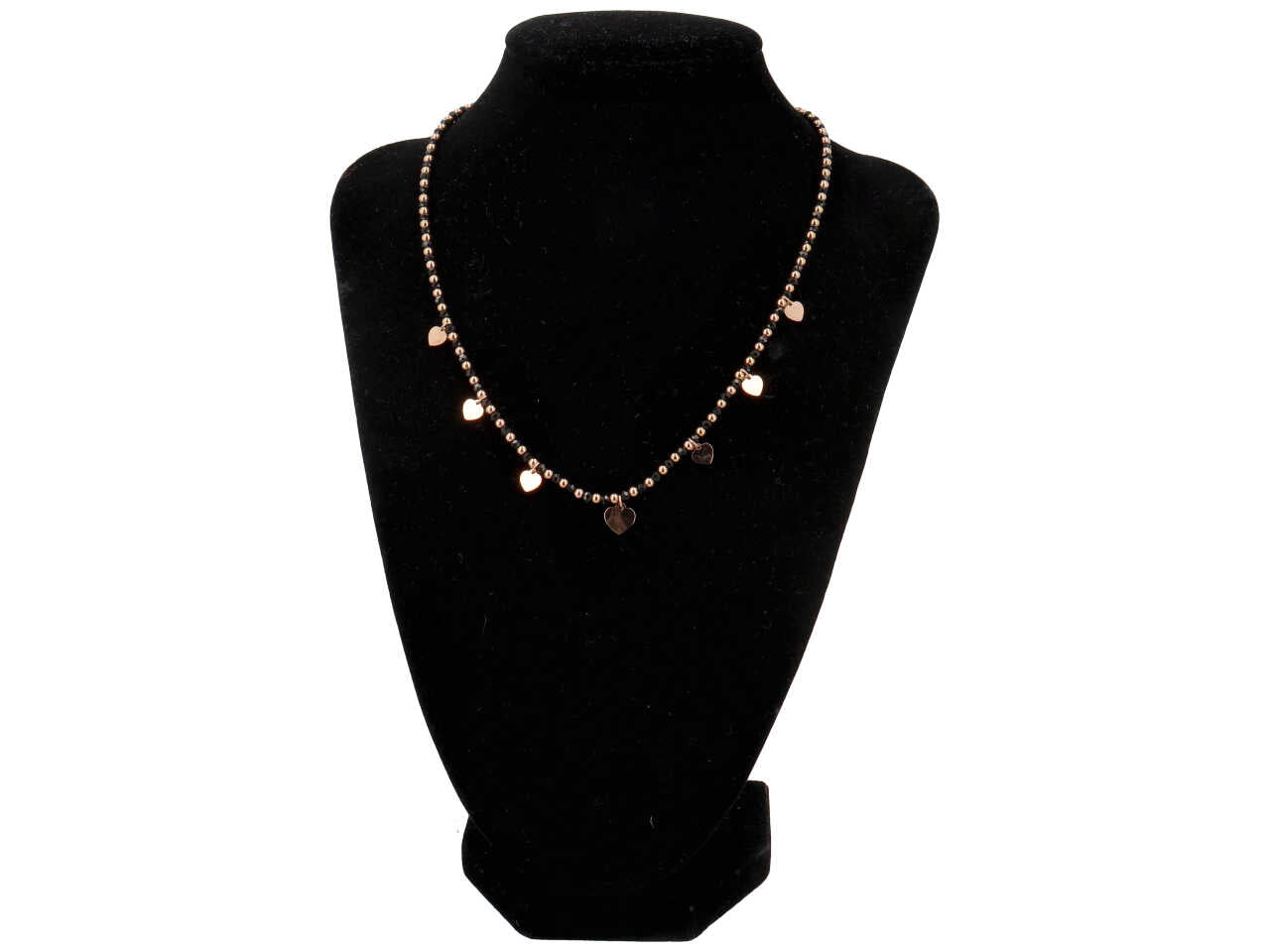 Collana in acciaio con sfere e cuoricini oro rosa