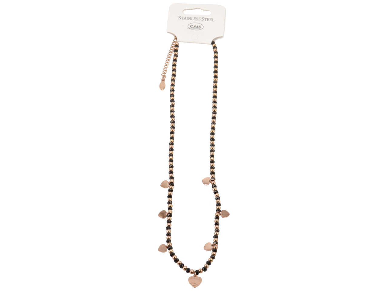 Collana in acciaio con sfere e cuoricini oro rosa