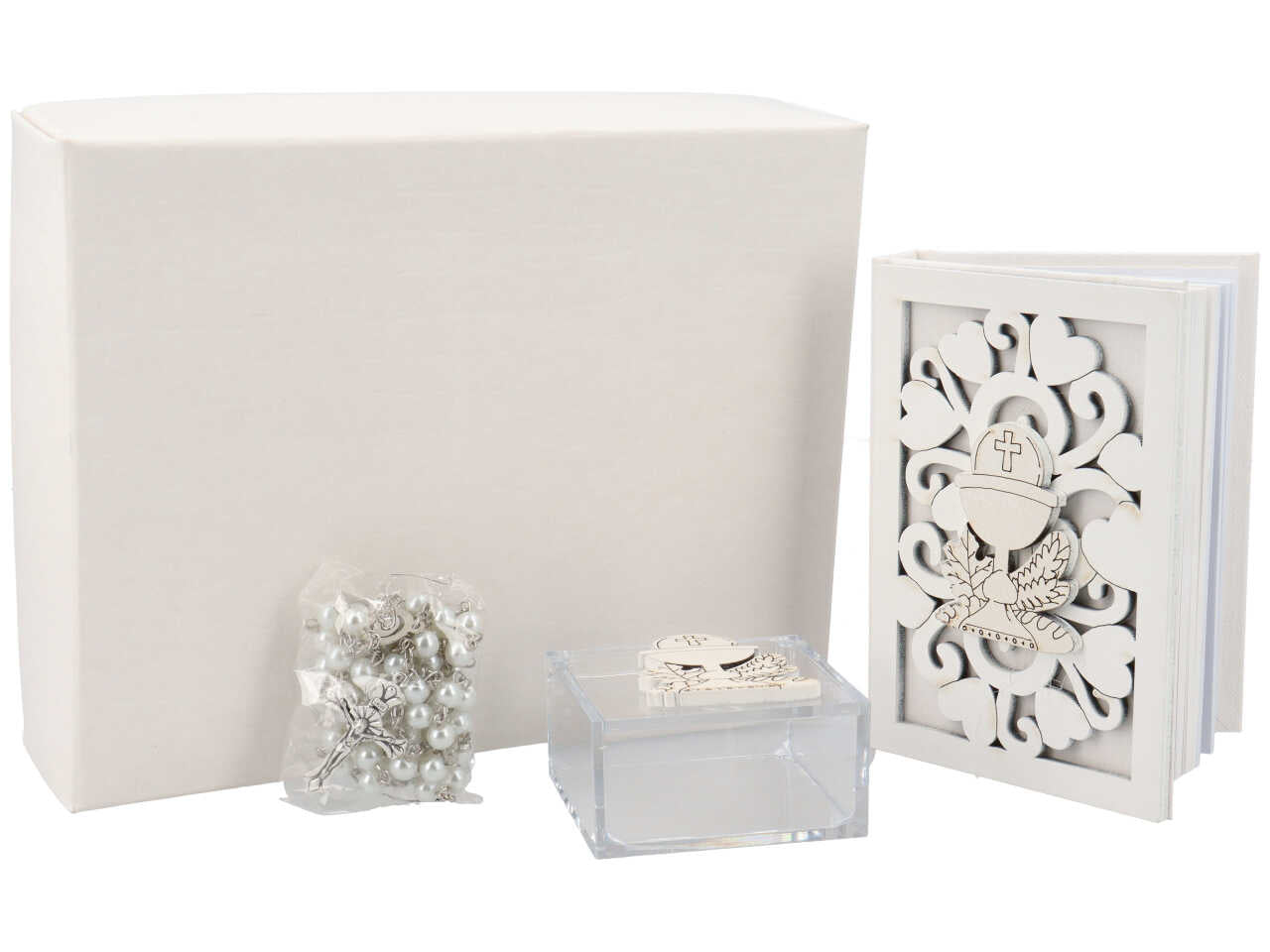 Set porta rosario + rosario + vangelo comunione bianco