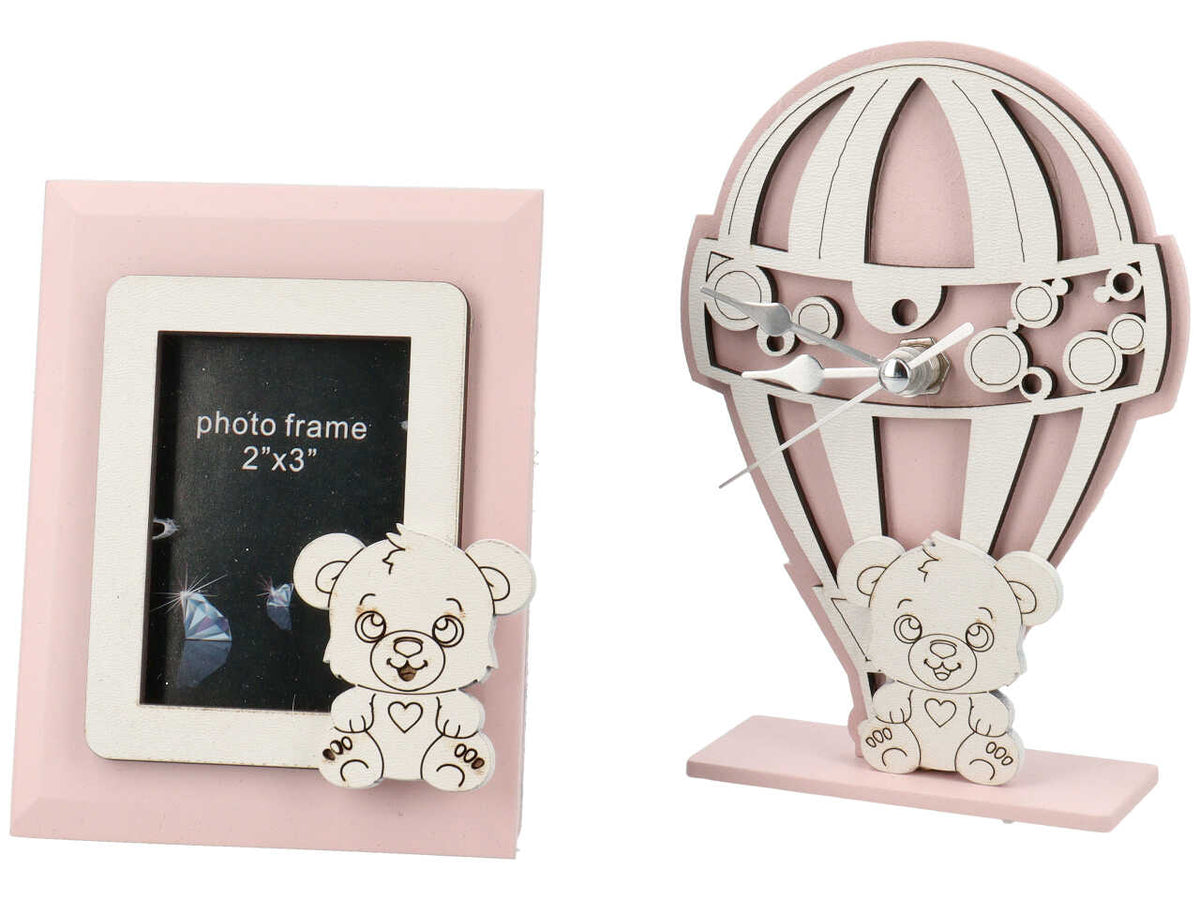 Set portafoto + orologio orso rosa