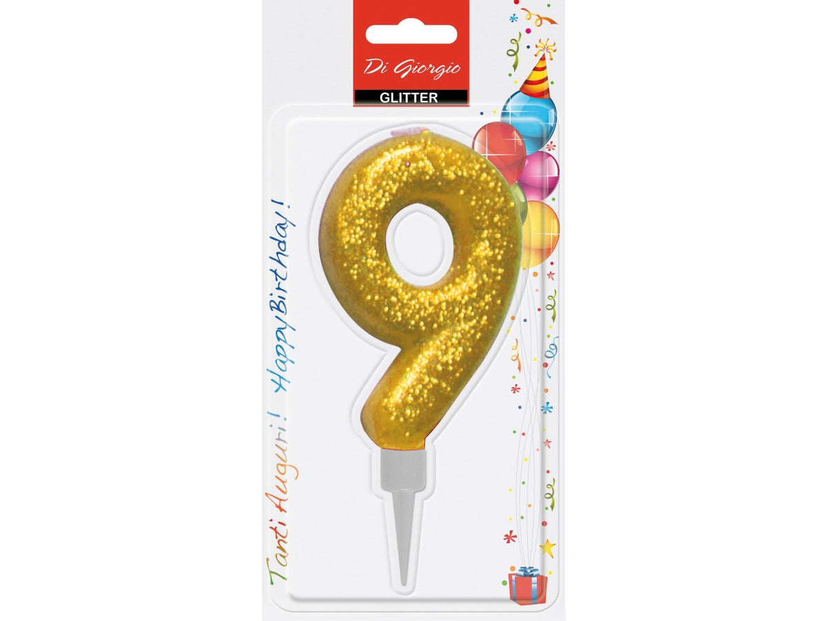 Candela 12cm glitter colorato numero 9