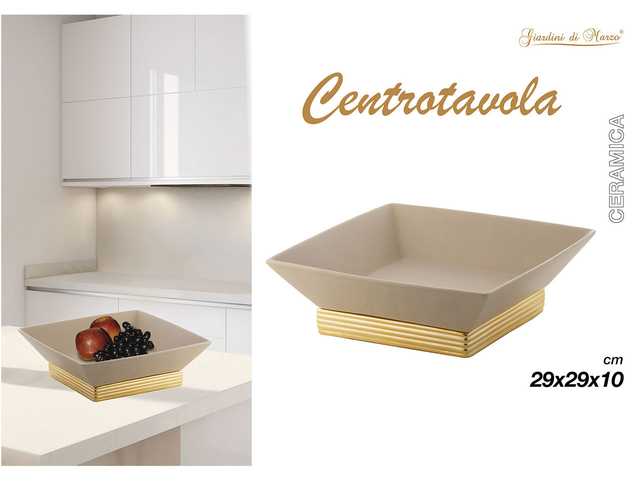 Centro tavola quadrato in ceramica 29x29xh.10cm con base oro
