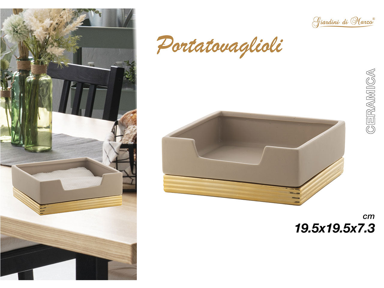Porta tovaglioli quadrato in ceramica 19,5x19,5xh.7,3cm con base oro