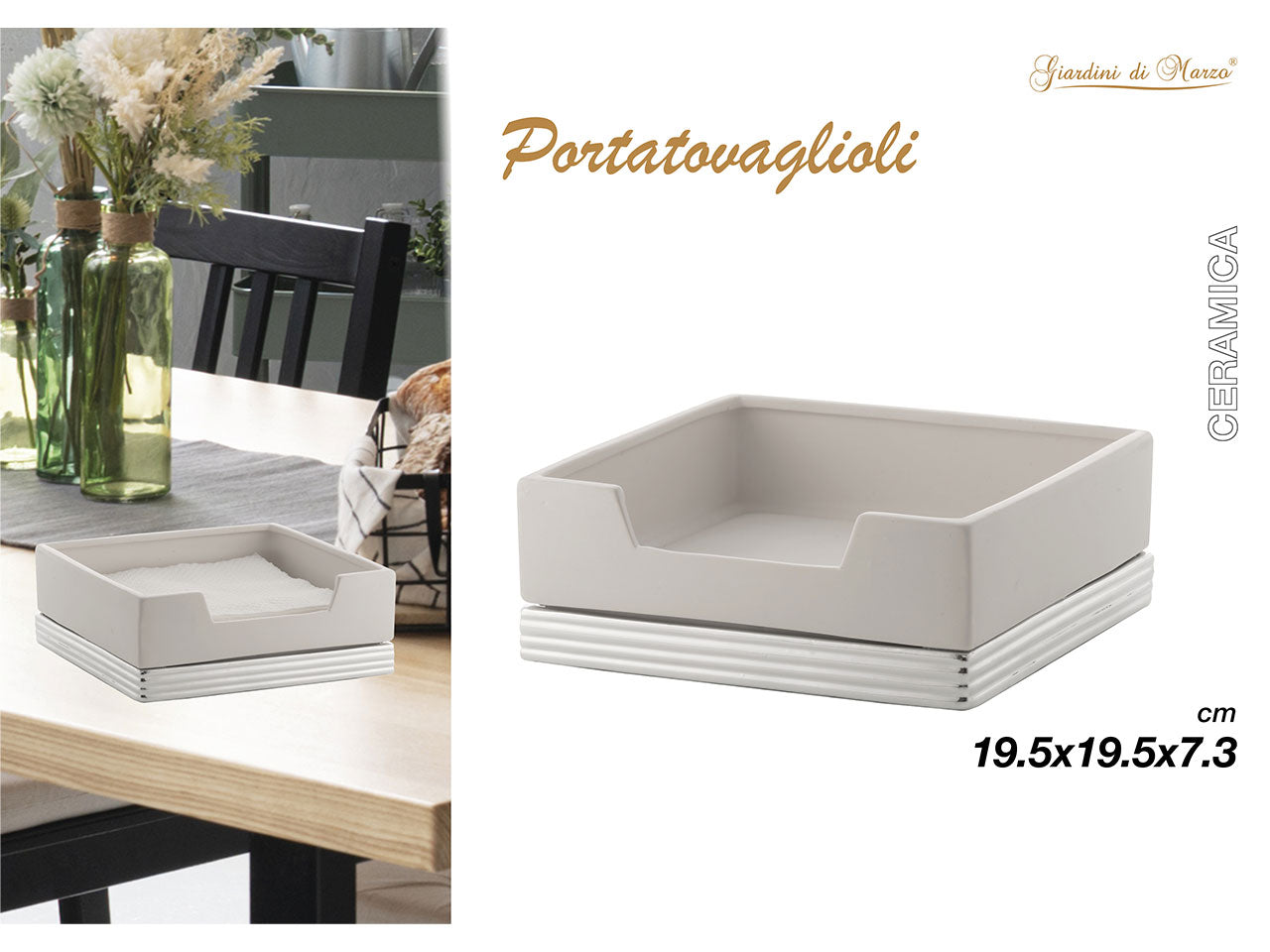 Porta tovaglioli quadrato in ceramica  19,5x19,5xh.7,3cm con base argento