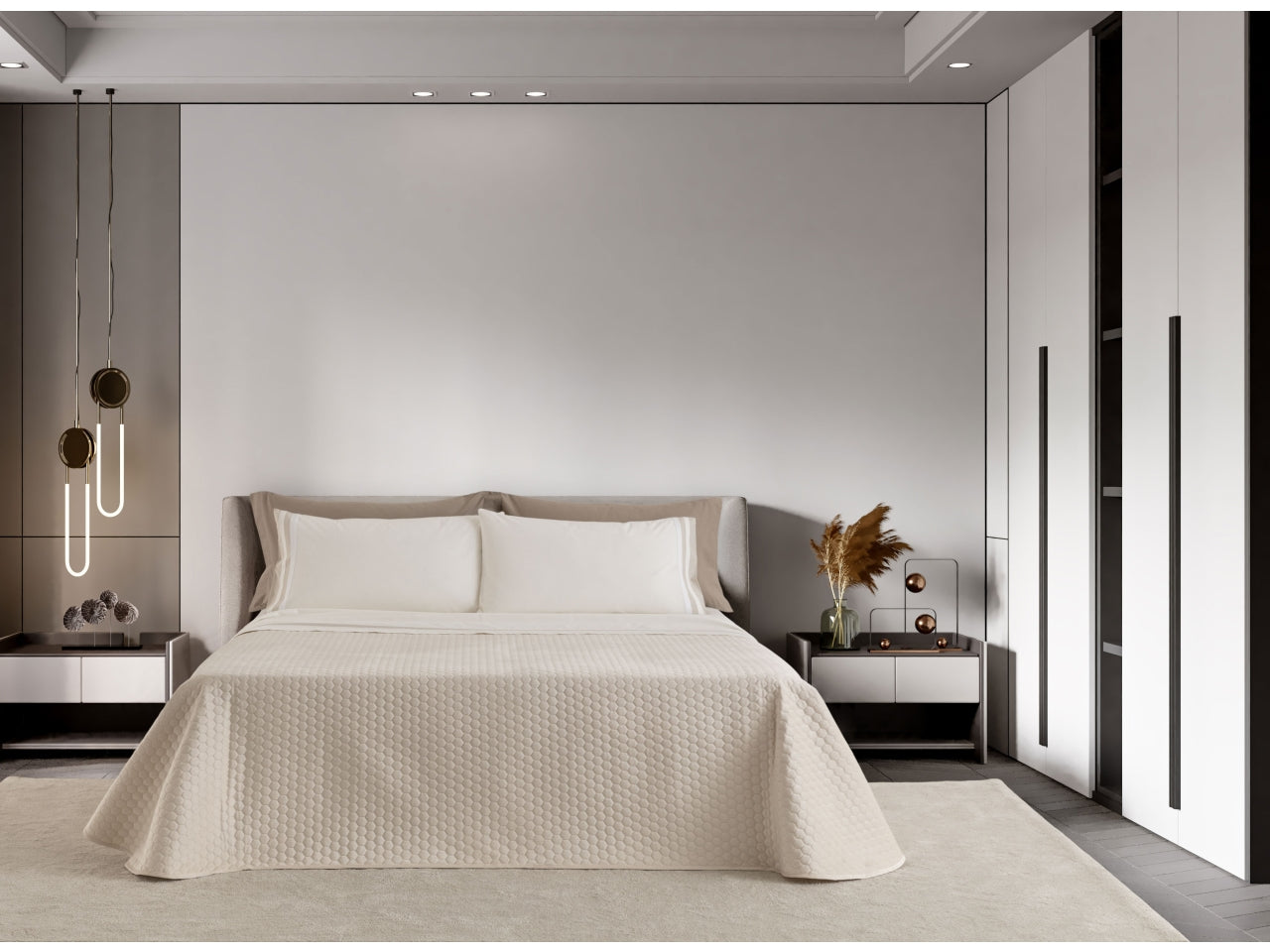 Exagon quilt velluto t.u. per letto a 2 piazze panna