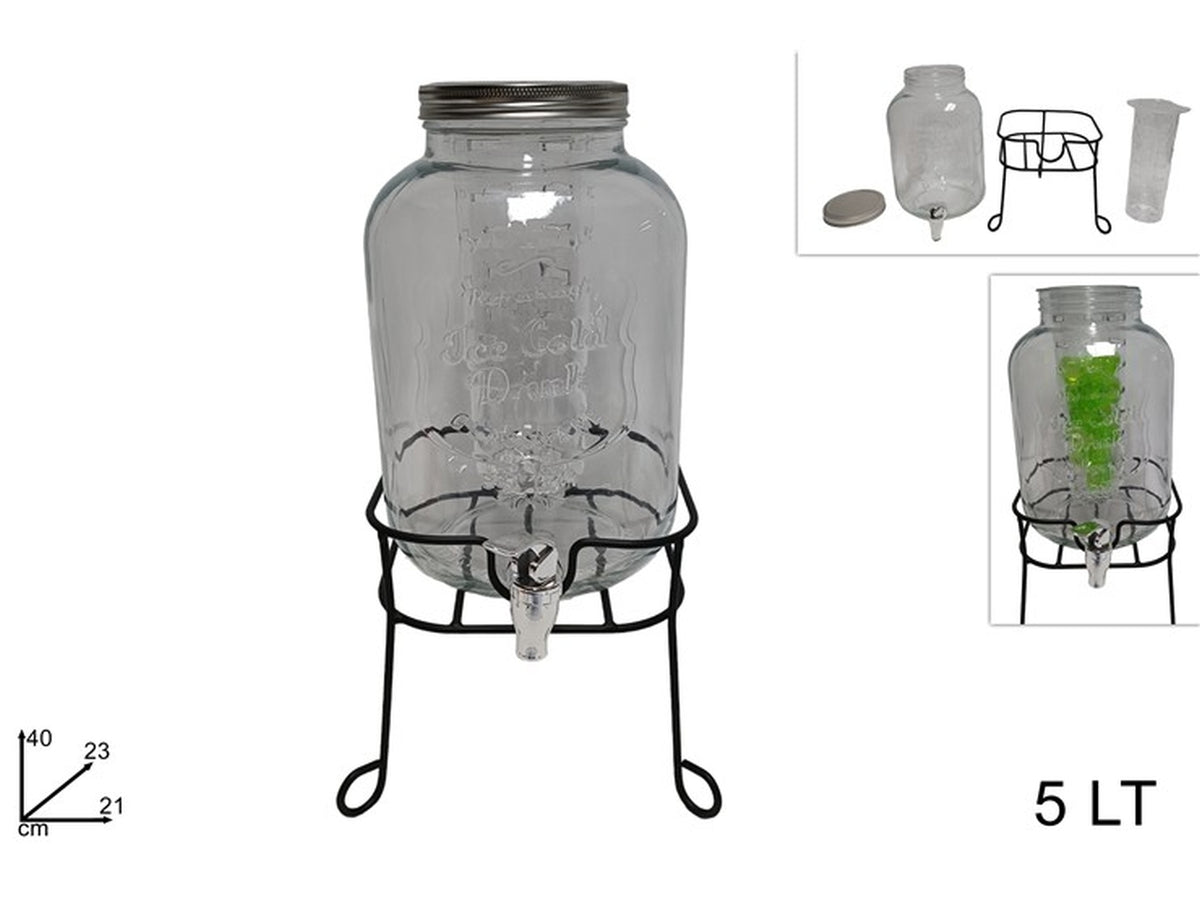 Dispenser per bevande in vetro con supporto,rubinetto e contenitore per il ghiaccio 5lt