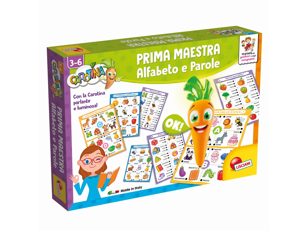 Carotina prima maestra  maxi schede alfabeto e parole con penna parlante luminosa