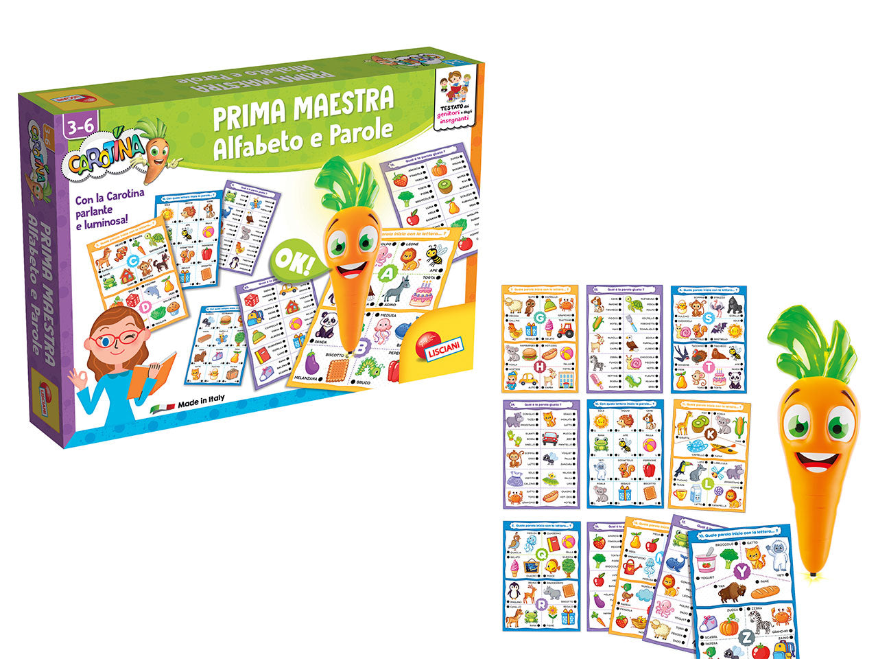 Carotina prima maestra  maxi schede alfabeto e parole con penna parlante luminosa