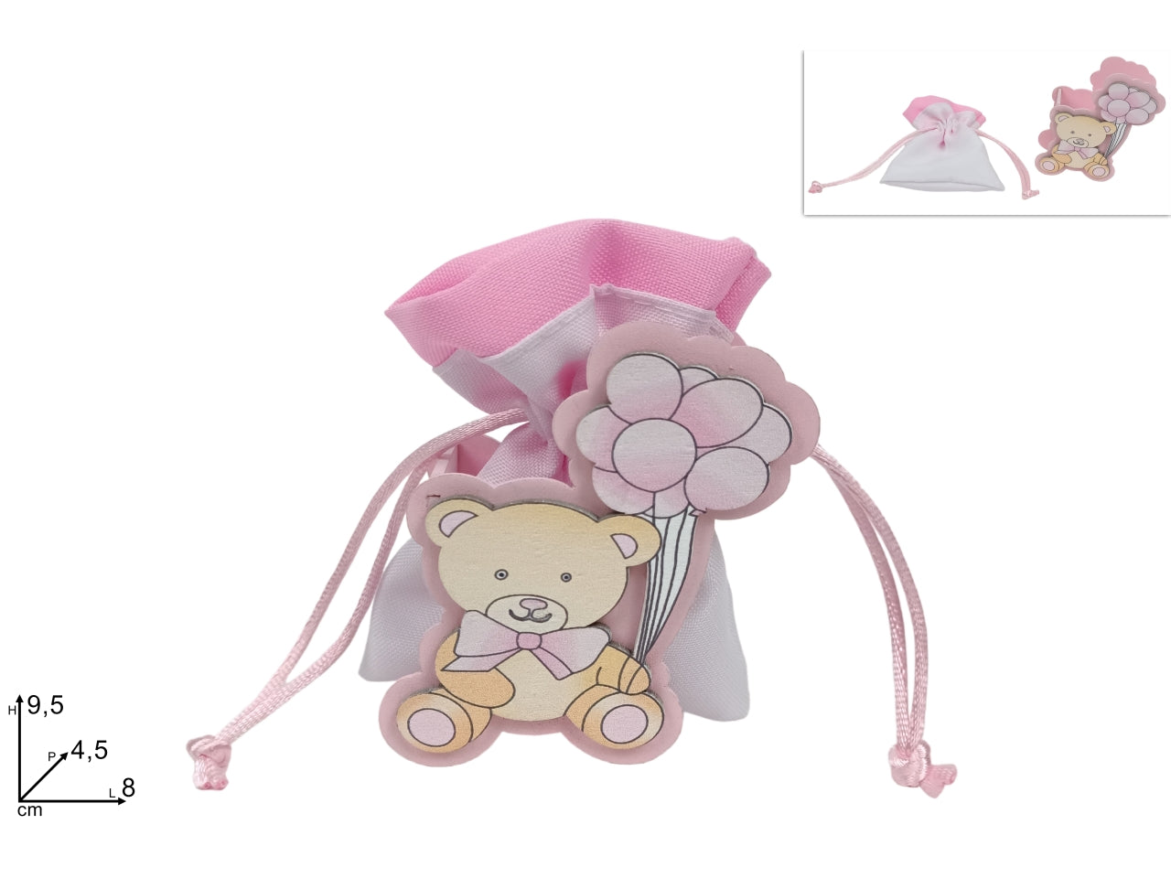 Sacchetto porta confetti orsetto con palloncini rosa