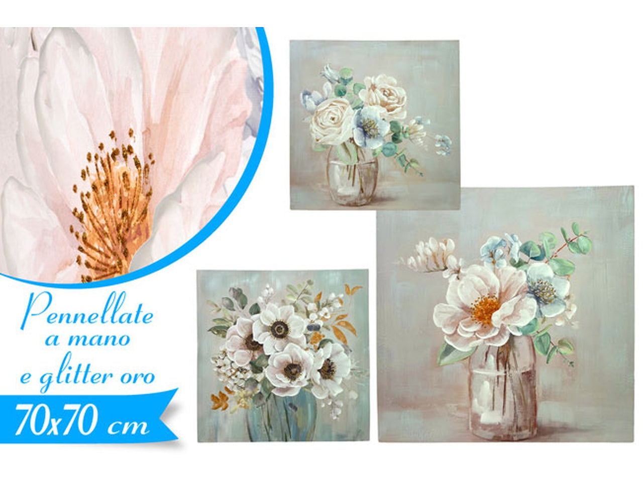 Quadro fiori con glitter oro 70x70x3cm assortiti
