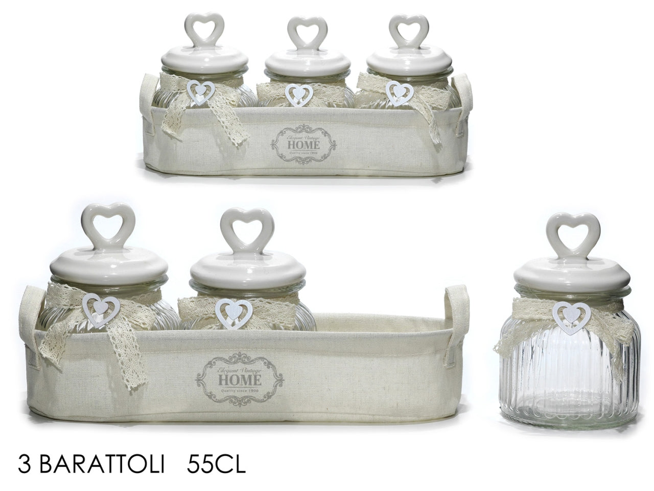 Barattoli 55cl  set composto da 3 pezzi con cestino di colore panna