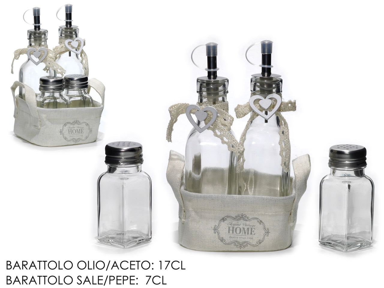 Set olio aceto sale e pepe composto da 4 pezzi con cestino di colore panna