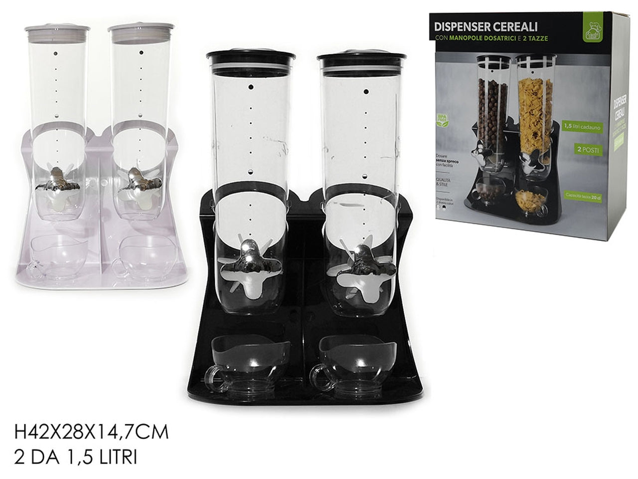 Dispenser cereali 2 pezzi con tazze da 1,5lt con 2 tazze assortiti