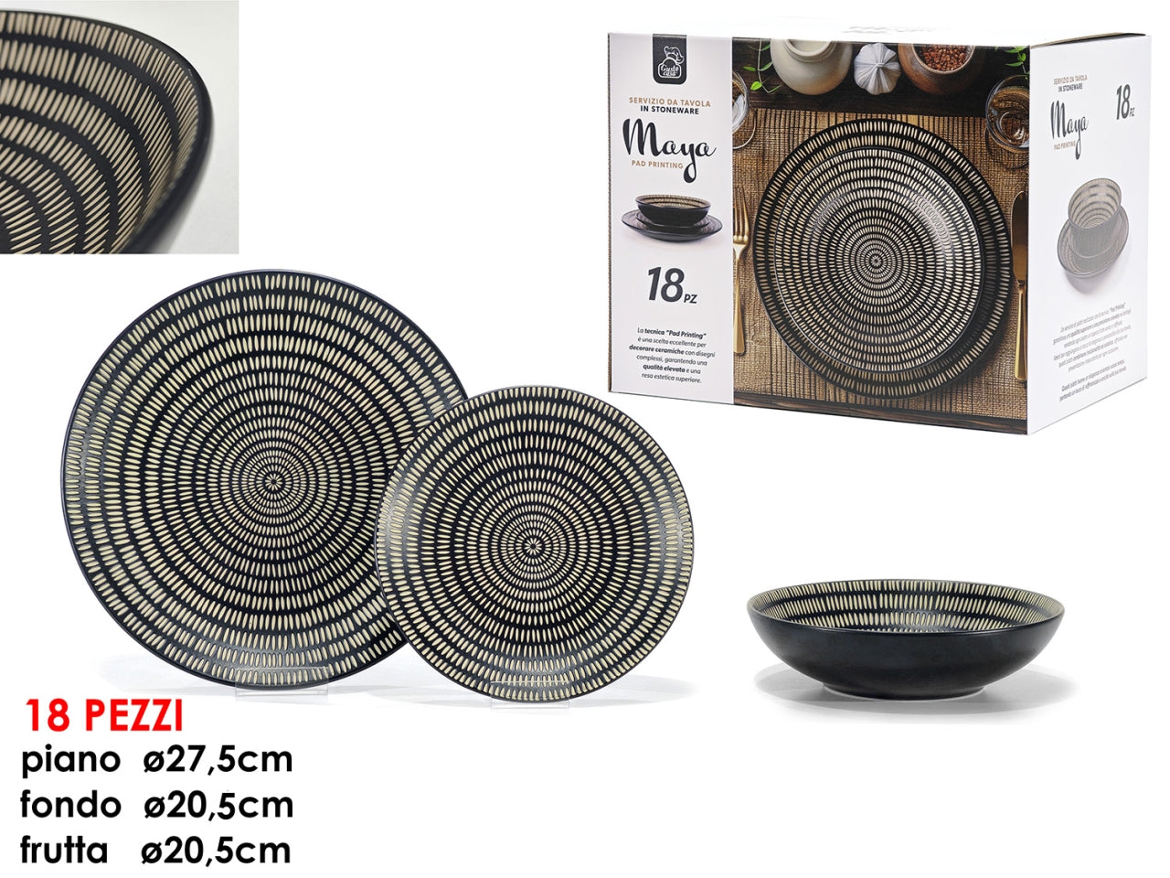 Servizio di piatti con decoro maya 18pz in porcellana di colore nero