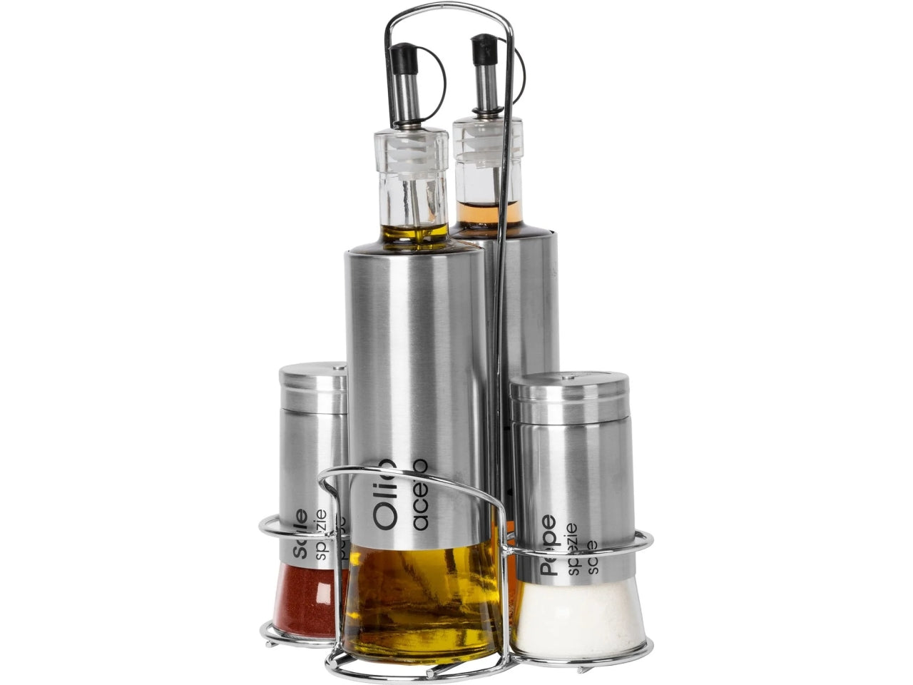 Set olio aceto sale e pepe conposto da 4 pezzi con stand