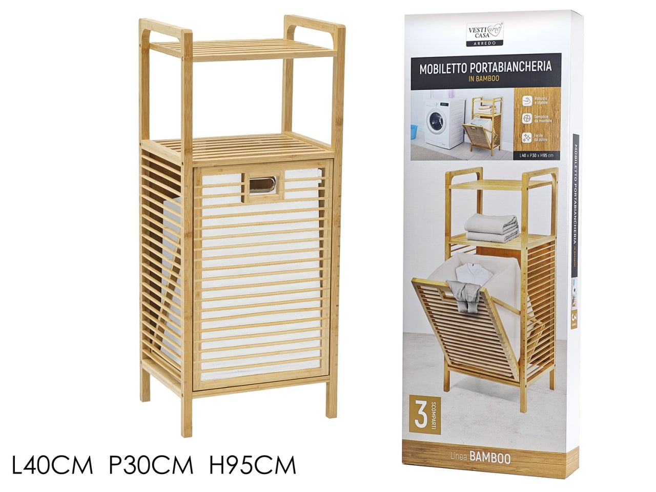 Mobiletto con cesta portabiancheria estraibile e 2 ripiani