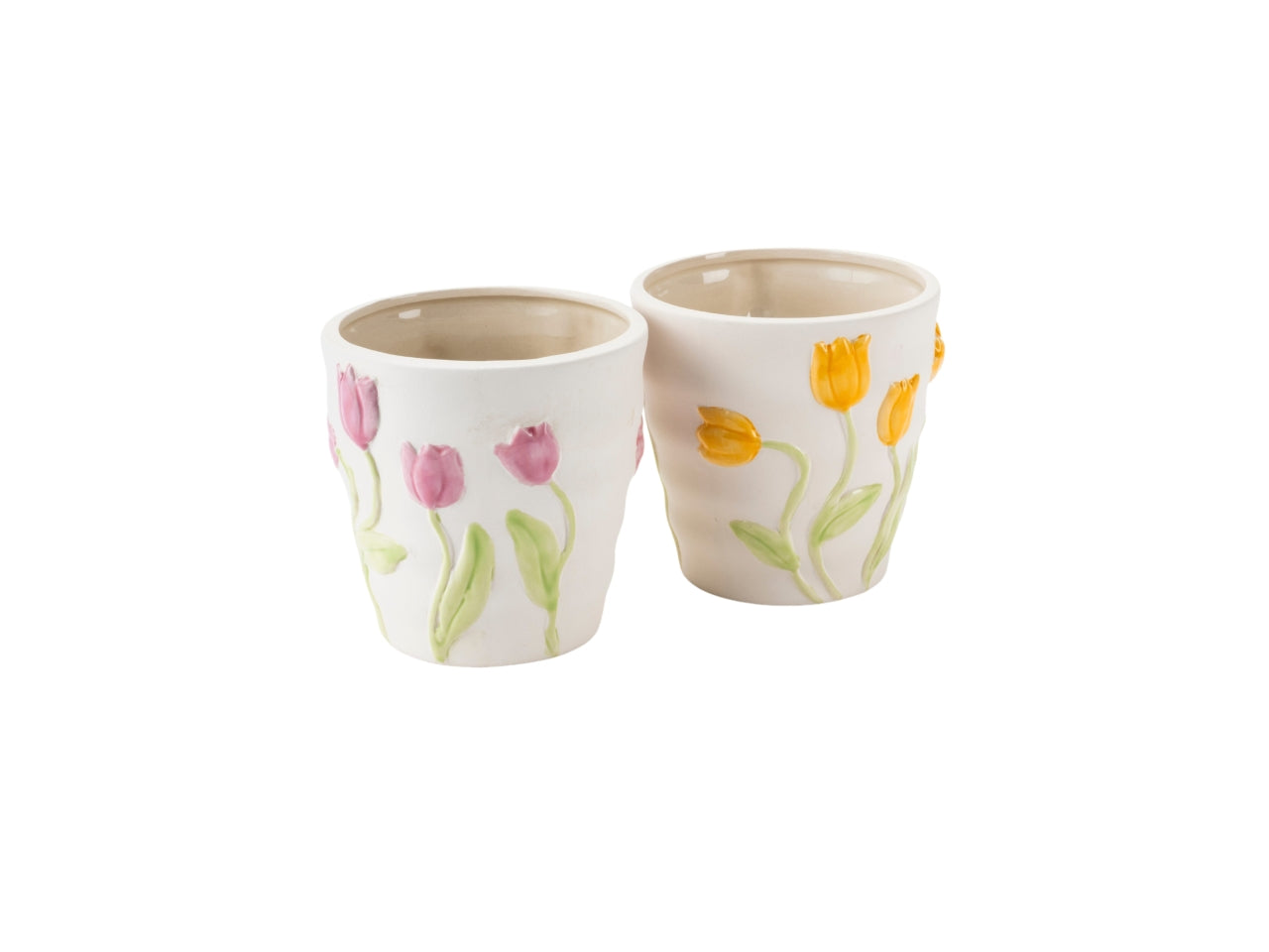 Vaso chace pot dolomite con tulipani in rilievo d.12xh.12 cm in 2 colori assortiti