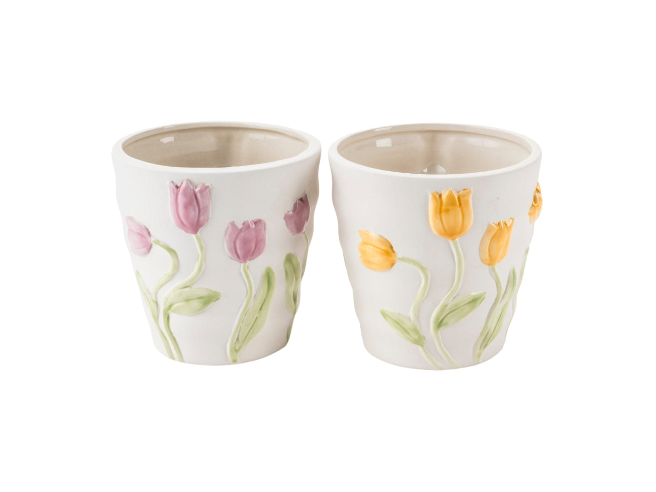 Vaso chace pot dolomite con tulipani in rilievo d.16xh.16 cm in 2 colori assortiti