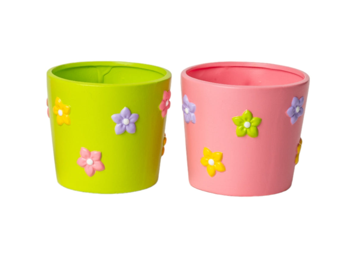 Vasetto con decoro fiori in rilievo d.13,5xh.12,5 cm in terracotta assortiti di colore