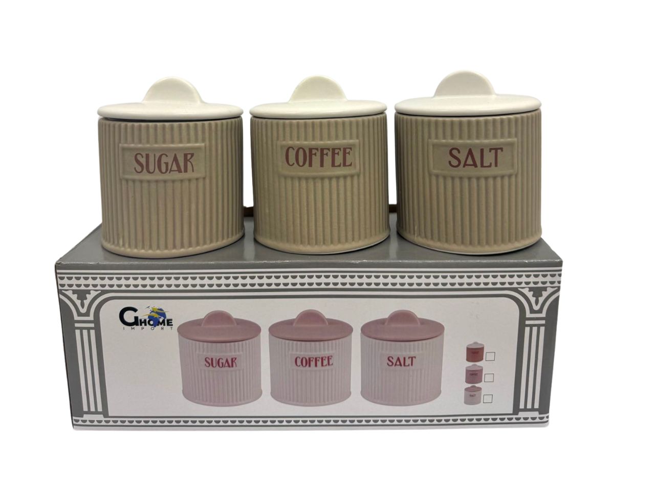 Tris barattoli in ceramica 400ml zucchero, sale e caffe' tortora e bianco