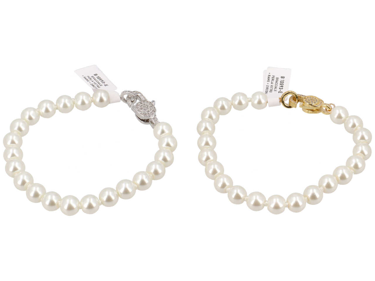 Bracciale perla vetro 8mm con chiusura in metallo e zirconi