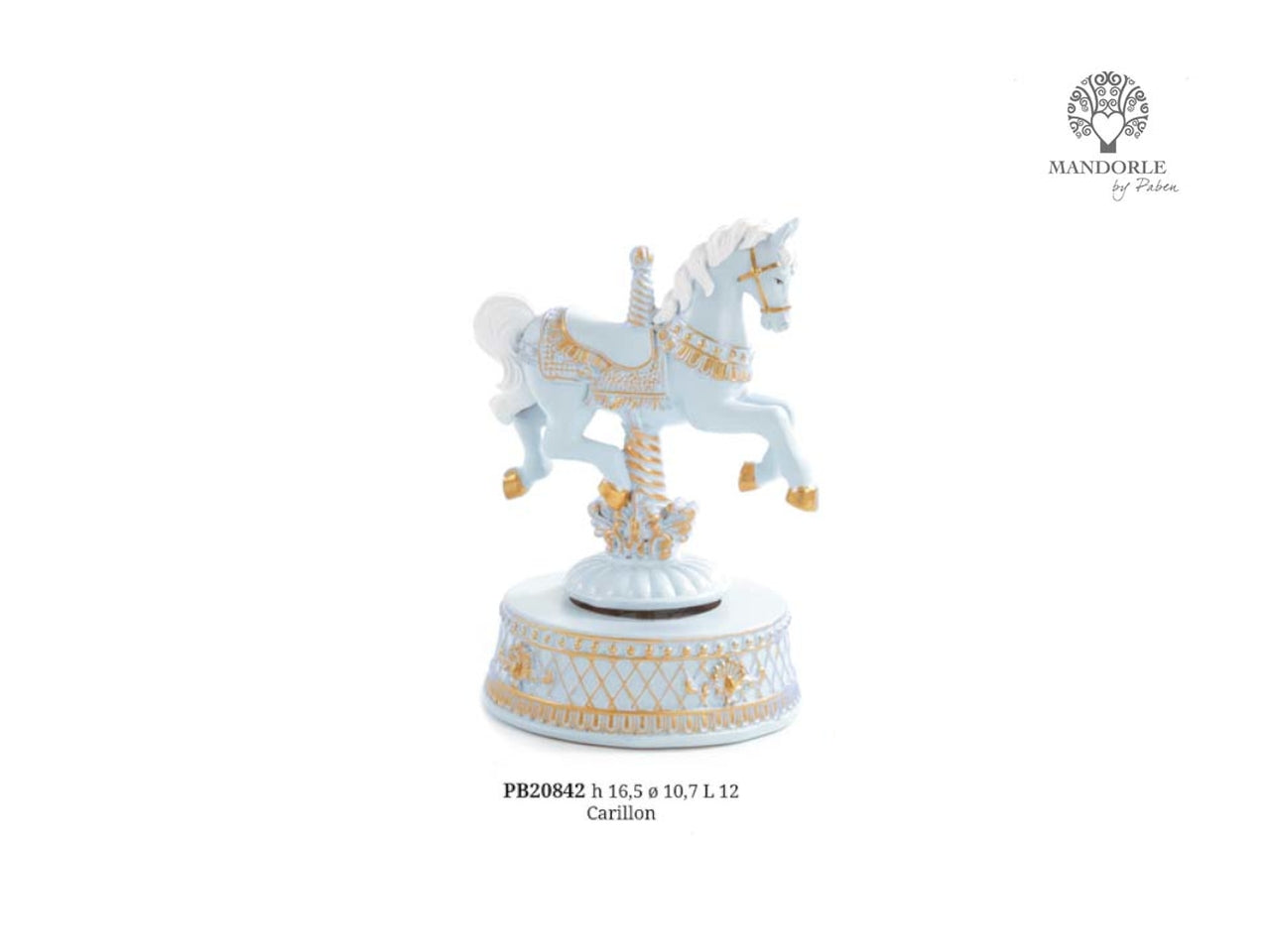 Carillon cavallo da giostra in resina 16,5cm celeste e oro