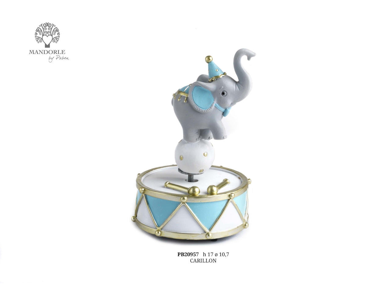 Carillon elefantino del circo su tamburo 17cm celeste