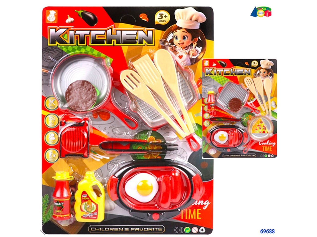 Set cucina con piastra, 2 padelle ed accessori ass.