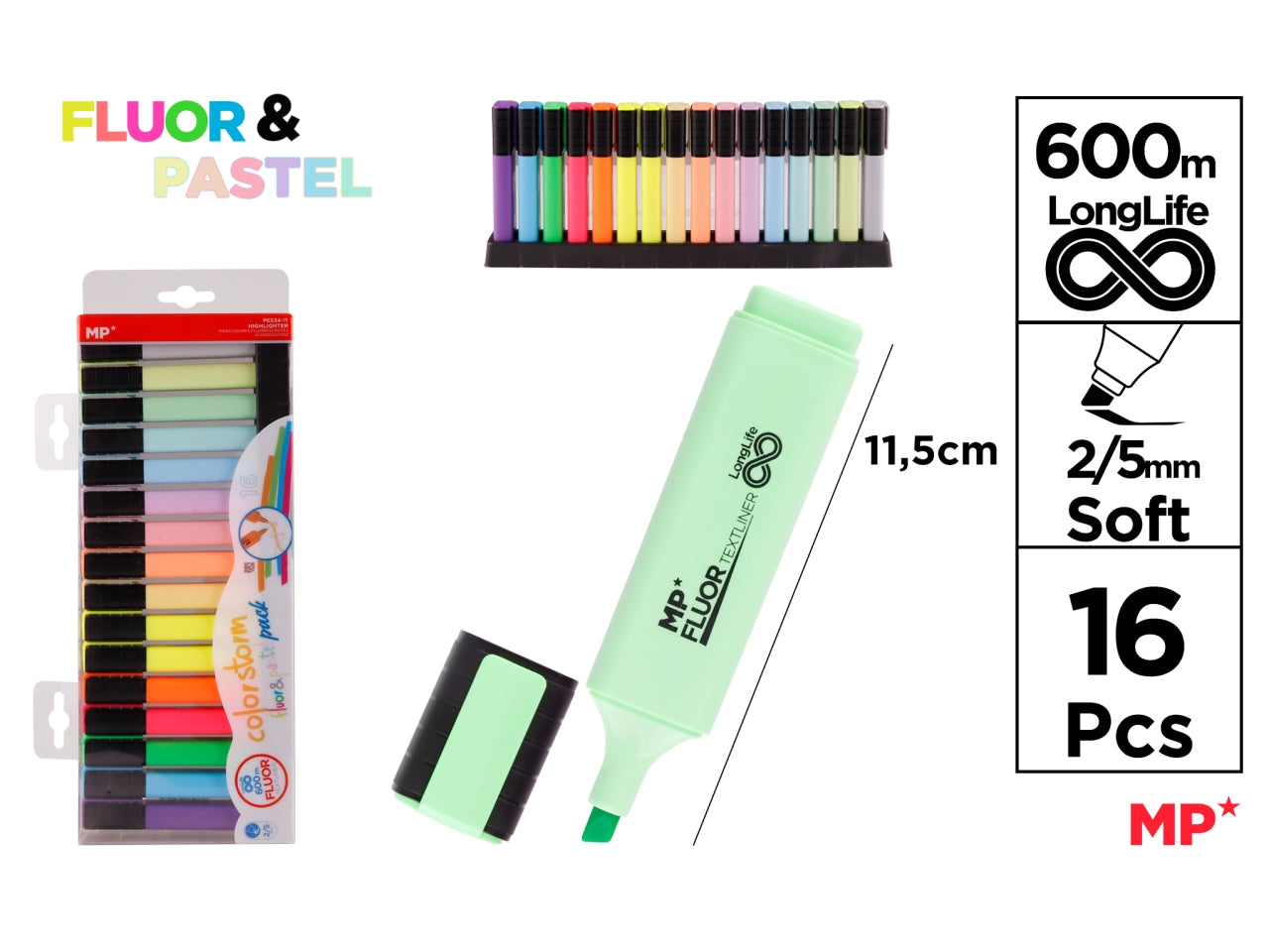 Mp evidenziatore soft 2-5mm set da 16 evidenziatori pastel + fluo assortiti