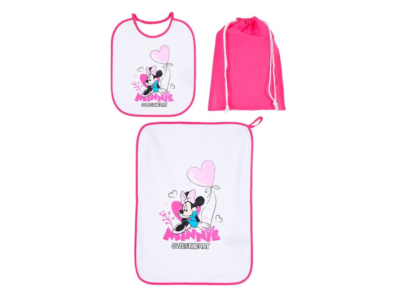 Minnie set 3 pezzi bavaglino, tovaglia e sacca