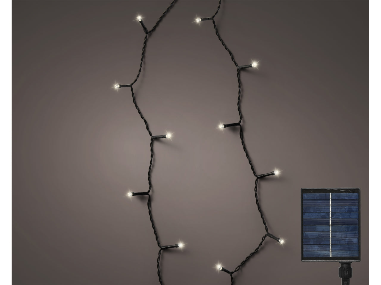 Catena luminosa solare da 360 led in pvc con 8 funzioni di effetto scintillio con cavo nero e led da 3mm colore bianco caldo