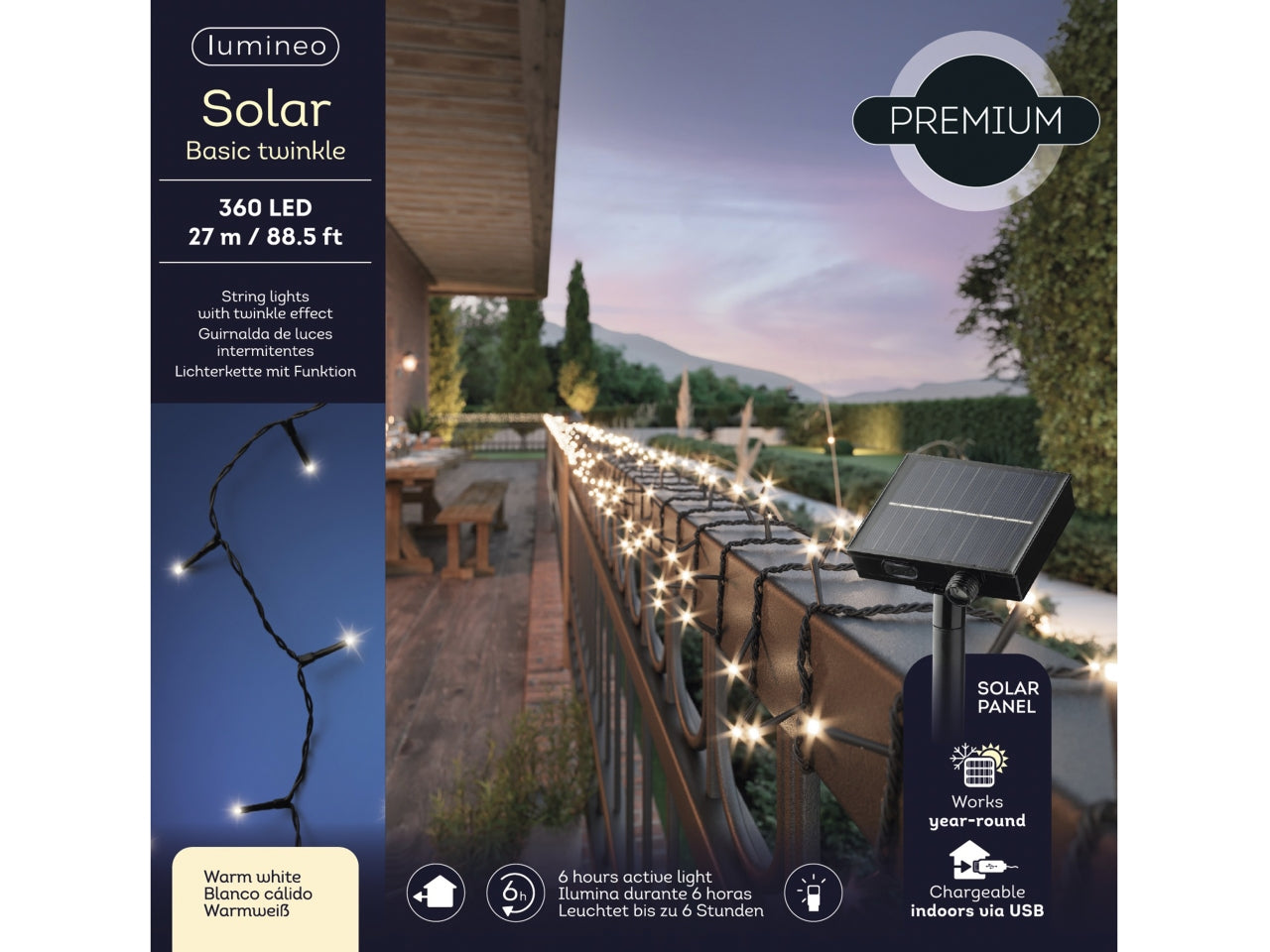 Catena luminosa solare da 360 led in pvc con 8 funzioni di effetto scintillio con cavo nero e led da 3mm colore bianco caldo