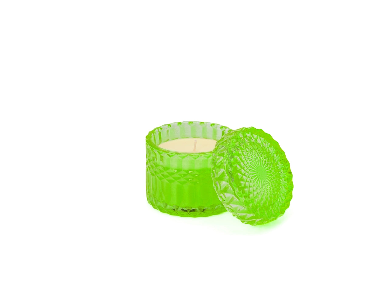 Candela con cofanetto e coperchio in vetro decorato 9x9cm verde