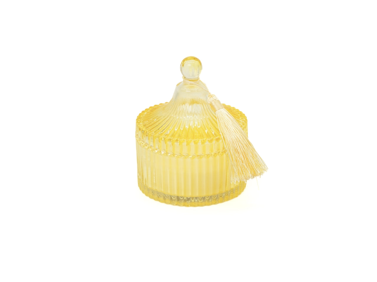 Candela con cofanetto e coperchio in vetro rigato 10x12cm giallo