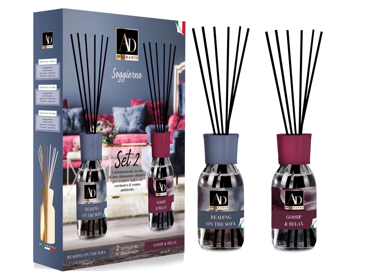 Diffusore  di essenze c0n bacchette 125ml fraganza  per il soggiorno la confezione e formata da 2 diffusori