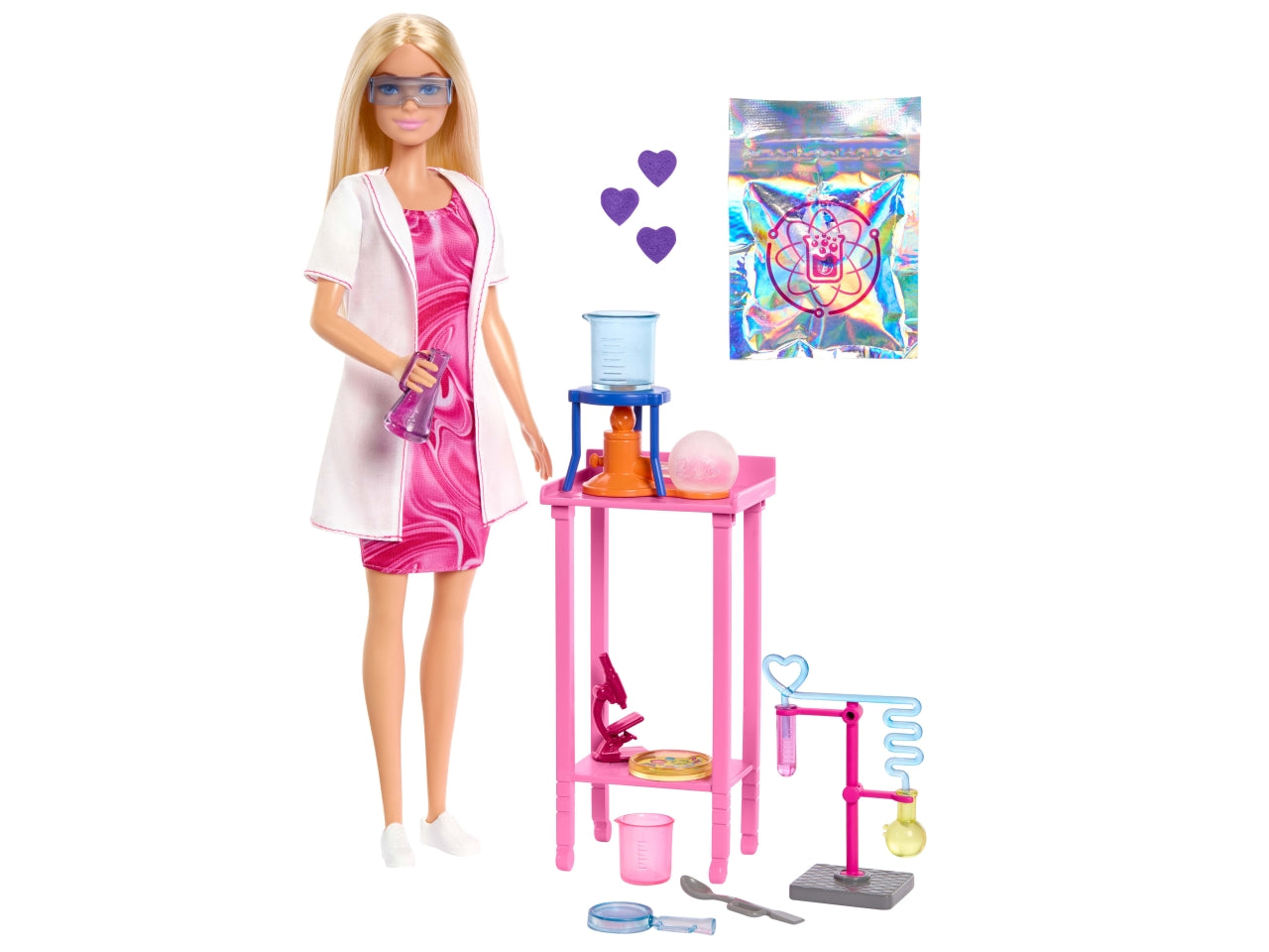 Barbie  scienziata, set bambola bionda con camice bianco da laboratorio e accessori inclusi