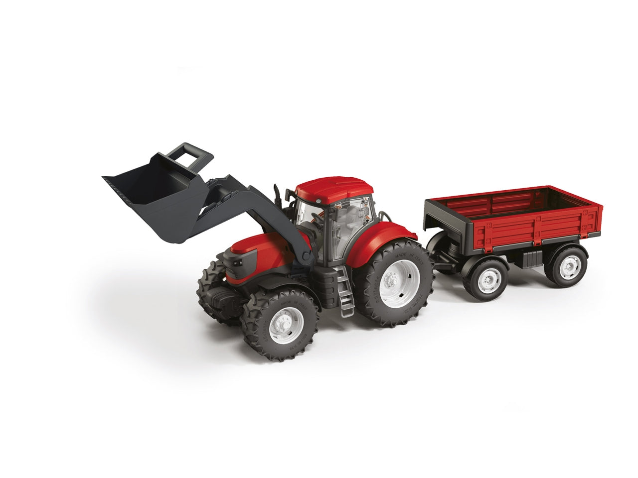 Trattore rosso 70cm con benna e rimorchio basso