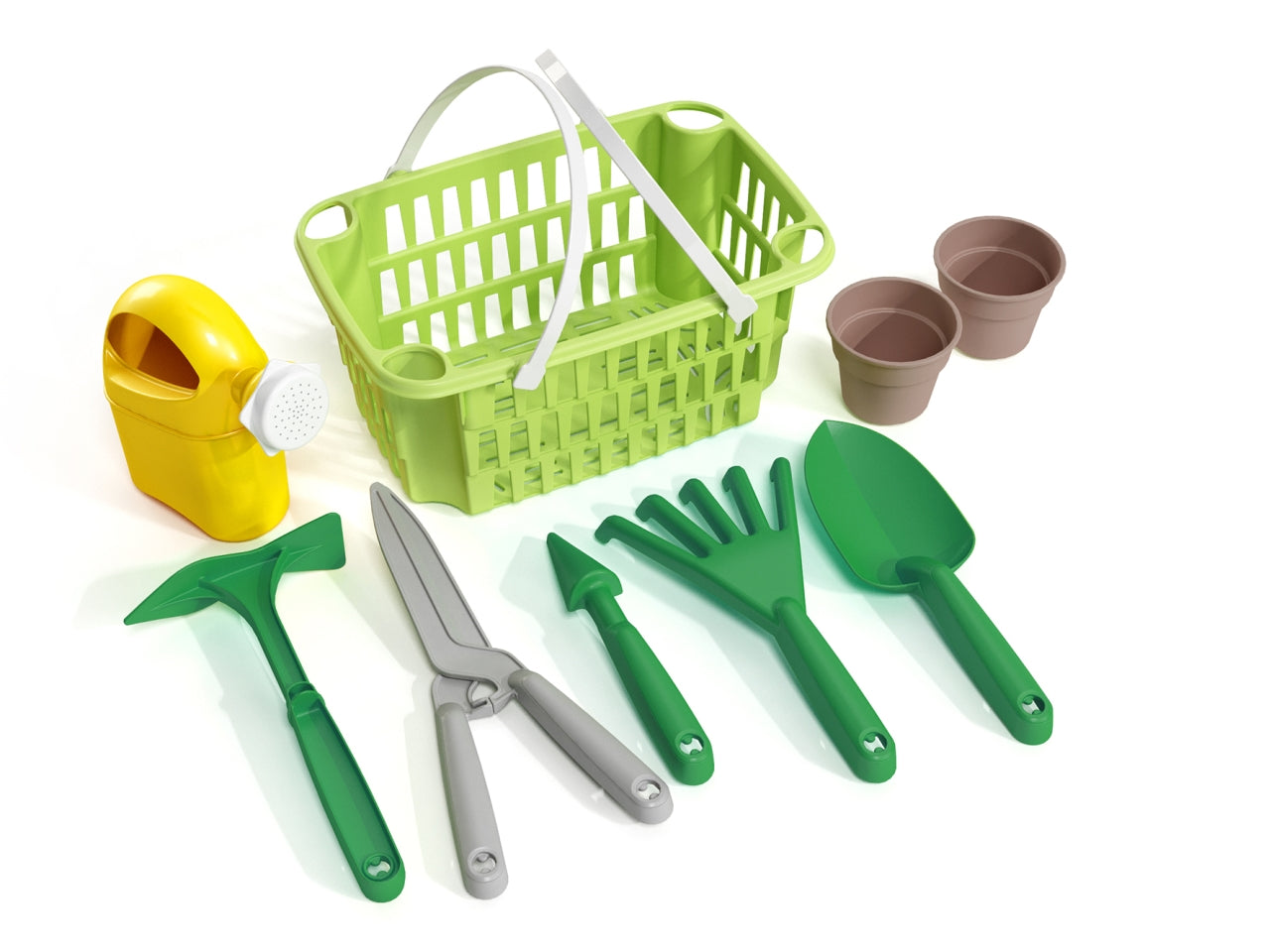 Kit garden composto da un cesto, forbice, paletta, rastra, innaffiatoio, punteruolo, picozza e 2 vasetti