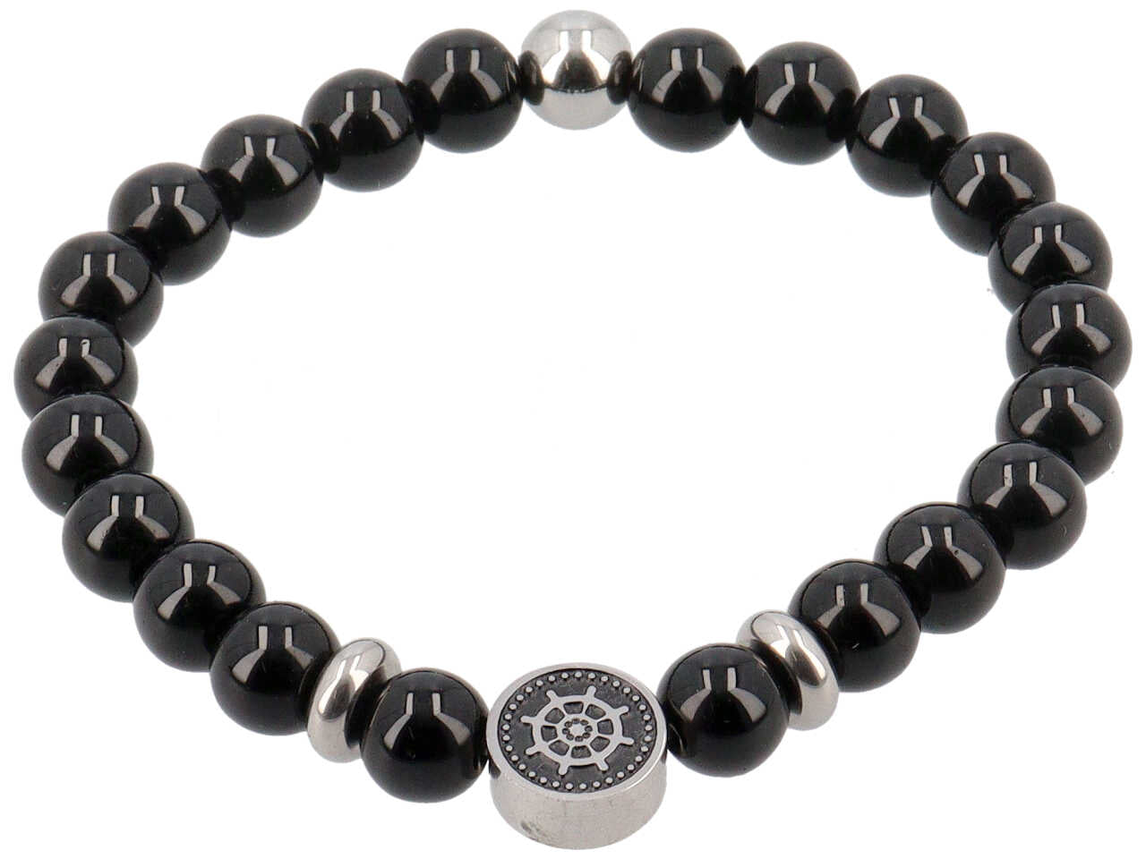 BRACCIALE ELASTICO IN ACCIAIO CON SFERE VETRO E TIMONE