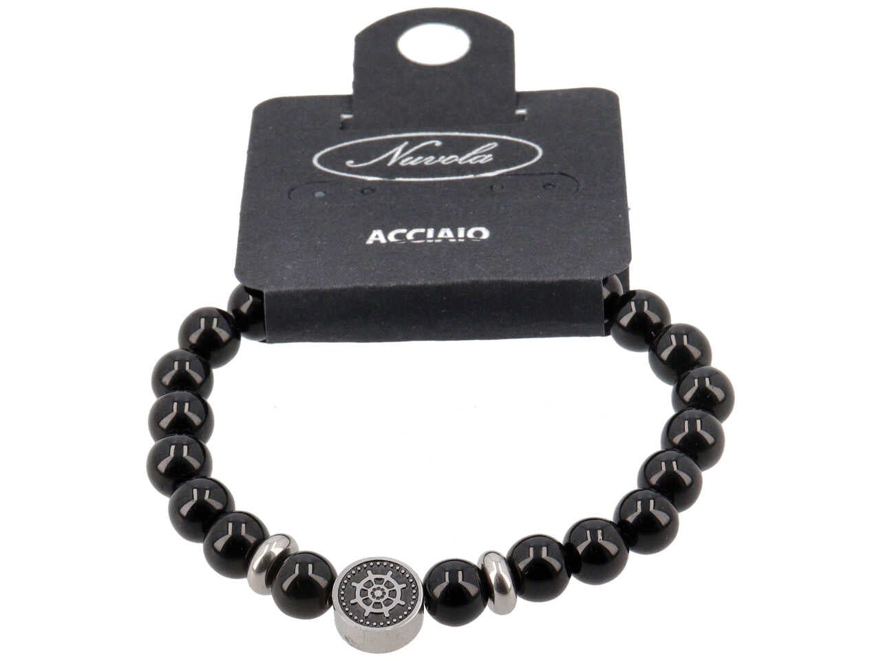 BRACCIALE ELASTICO IN ACCIAIO CON SFERE VETRO E TIMONE