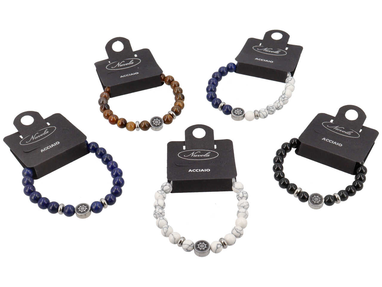 BRACCIALE ELASTICO IN ACCIAIO CON SFERE VETRO E TIMONE