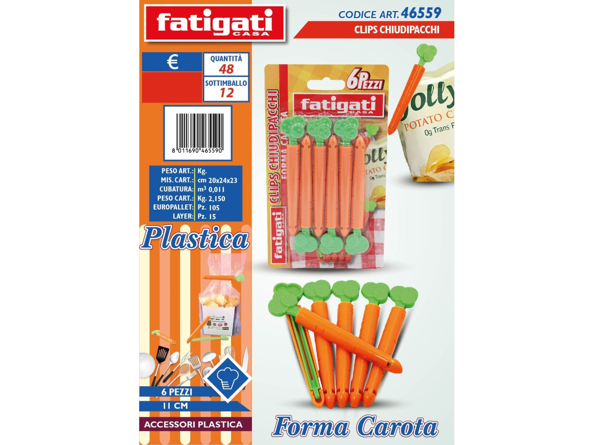CLIPS CHIUDIPACCHI FORMA CAROTE CONFEZIONE 6 PEZZI