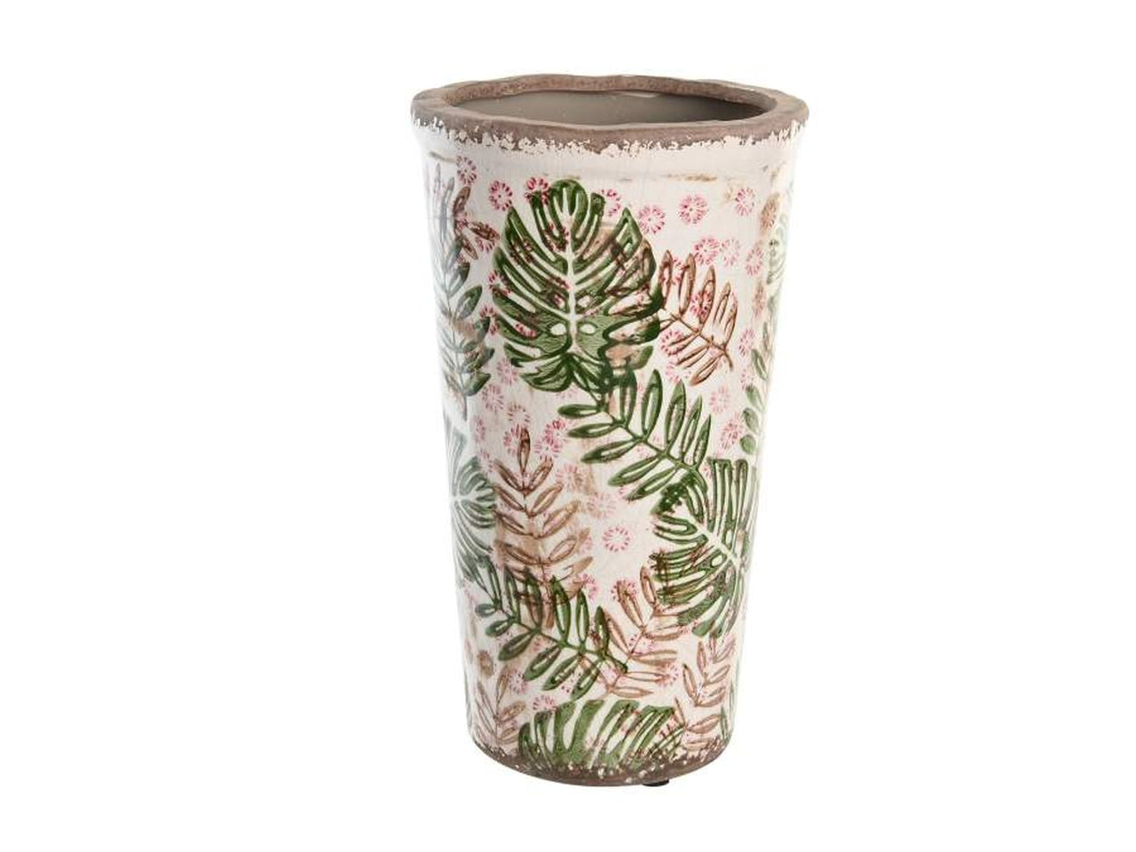 Vaso con foglie in gres porcellana 14x14x25cm di colore bianco