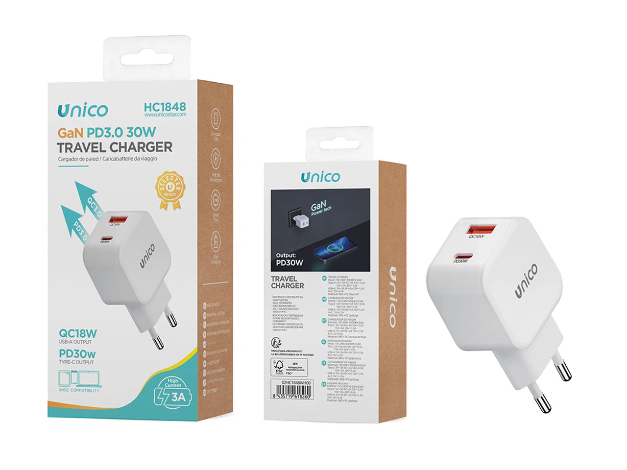 Caricabatterie domestico doppio USB A+C 30W GaN CE