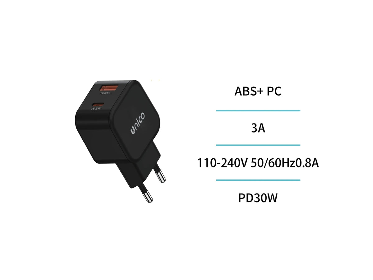 Caricabatterie doppio USB A+C 30W GaN CE