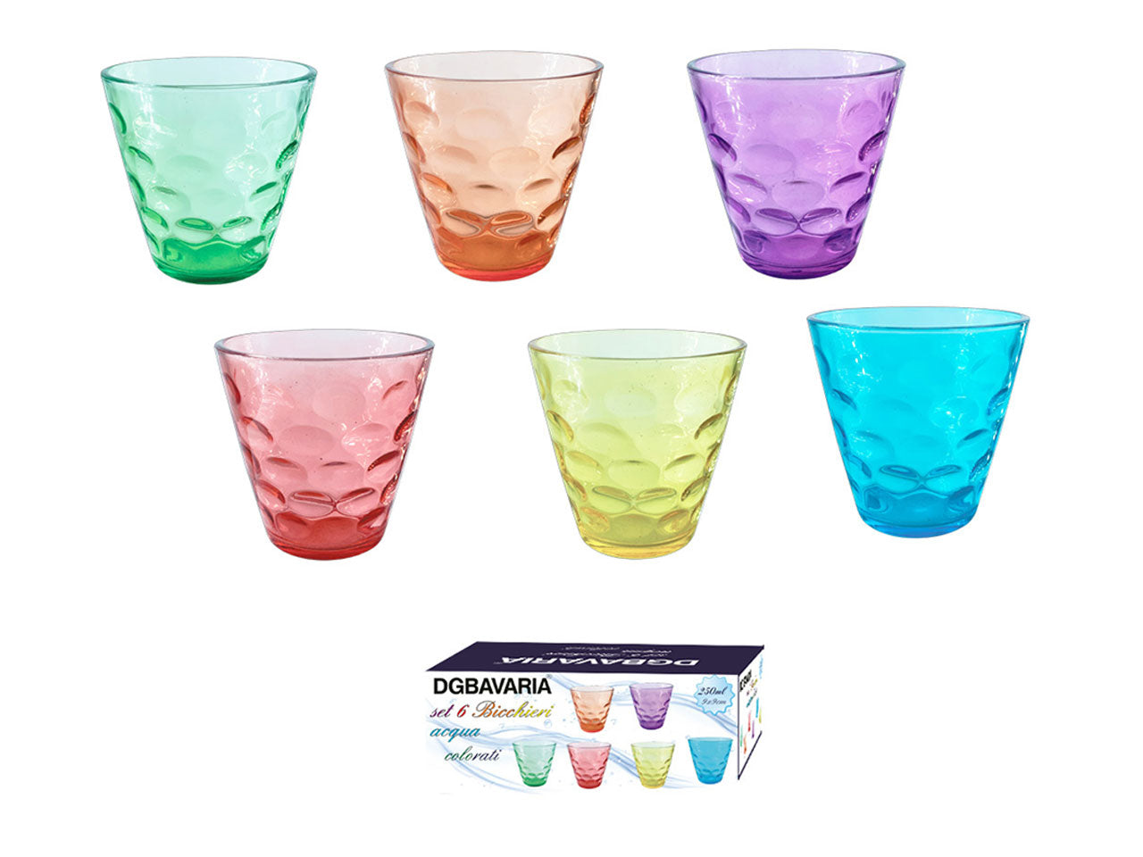 Confezione di 6 bicchieri colorati 9x9cm 250ml