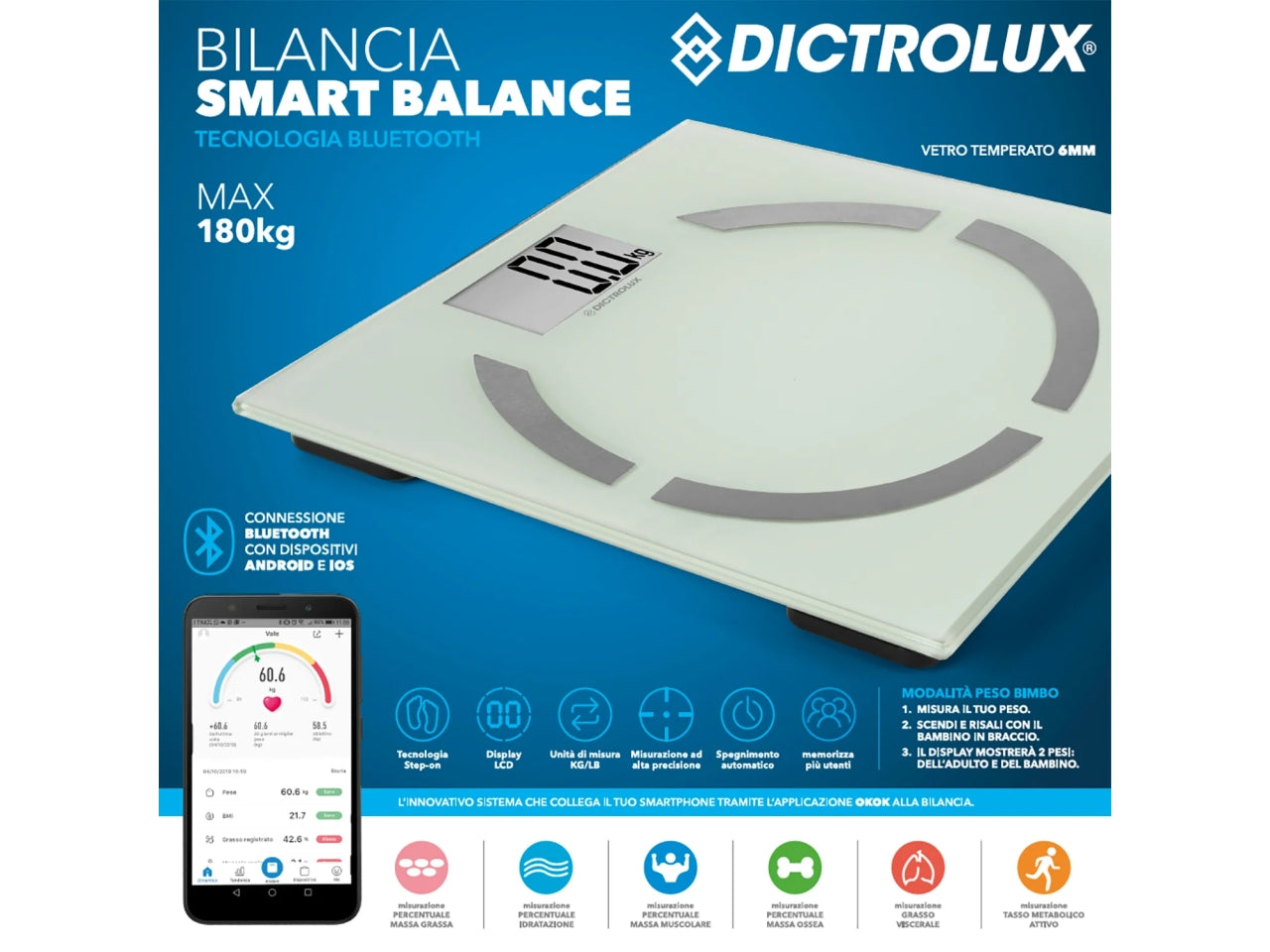 Bilancia pesapersone smart balance 180kg blueto