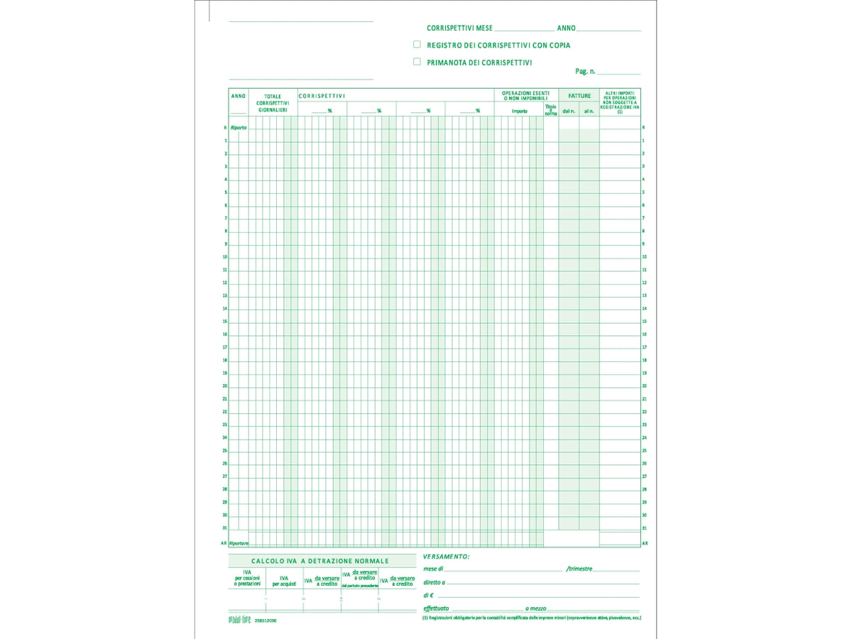 Registro prima nota iva corrispettivi 13x2 copie autoricalcante 29,7x21cm