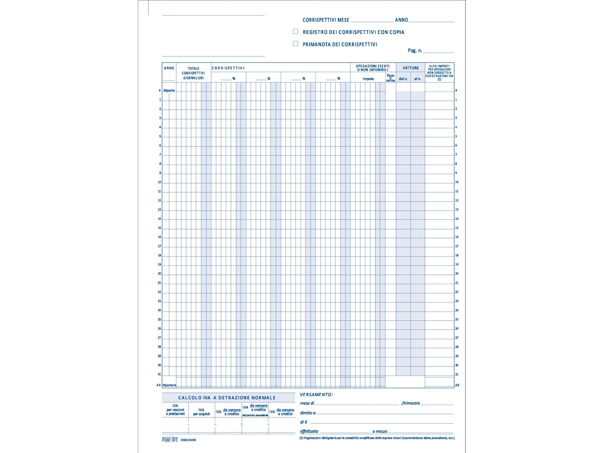 Registro prima nota iva corrispettivi 25x2 copie autoricalcante 29,7x21cm