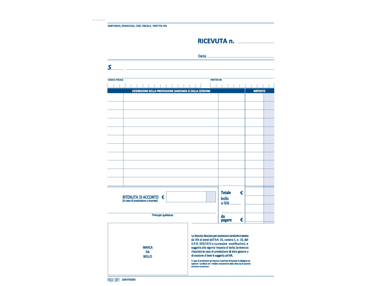 Ricevuta sanitaria 50x2 copie autoricalcante 21,5x14,8cm